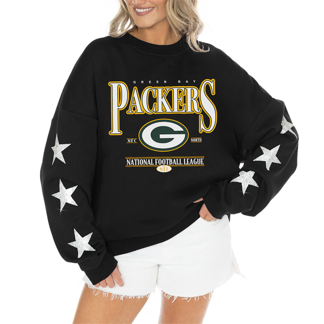 Women's Green Bay Packers Gameday Couture Black Rhinestone Star Sleeve Settle the Score Oversized Tri-Blend Pullover(Run Small)